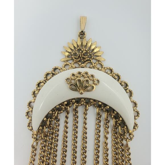 Vintage Ornate Sun and White Enamel Crescent Moon W/Chain Tassels Pendant – Rare - Picture 3 of 7